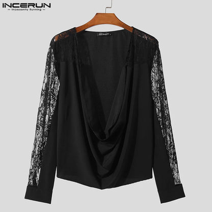 INCERUN Tops 2024 American Style New Men's Pile Up Collar Design Shirts Splicing Lace Male Solid Color Long Sleeved Blouse S-5XL