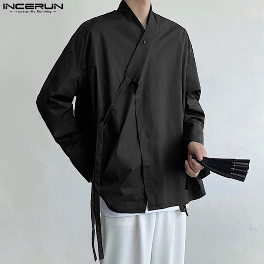 Stylish Casual Style Tops INCERUN Mens Simple All-match Solid Shirts Handsome Male Collarless Long Sleeved Cardigan Blouse S-5XL