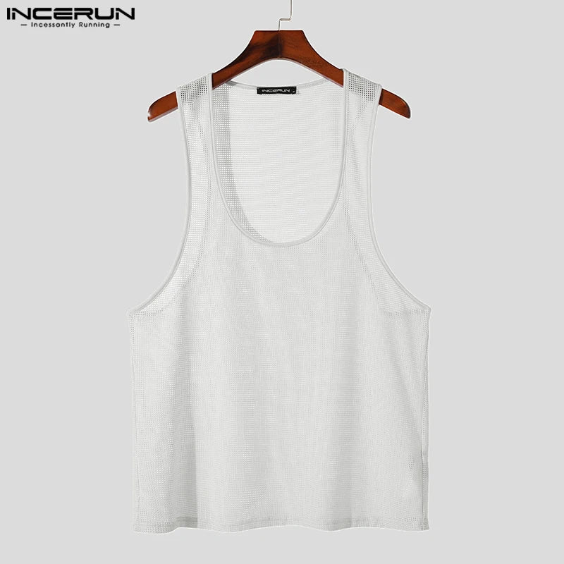 INCERUN Tops 2024 Koreanische Stil Männer der Perspektive U-förmigen Karierten Mesh Tank Tops Sommer Casual Heißer Verkauf Ärmellose Westen S-5XL