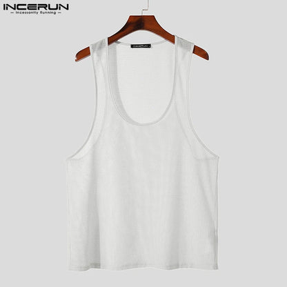 INCERUN Tops 2024 Korean Style Men's Perspective U-shaped Checkered Mesh Tank Tops Summer Casual Hot Sale Sleeveless Vests S-5XL