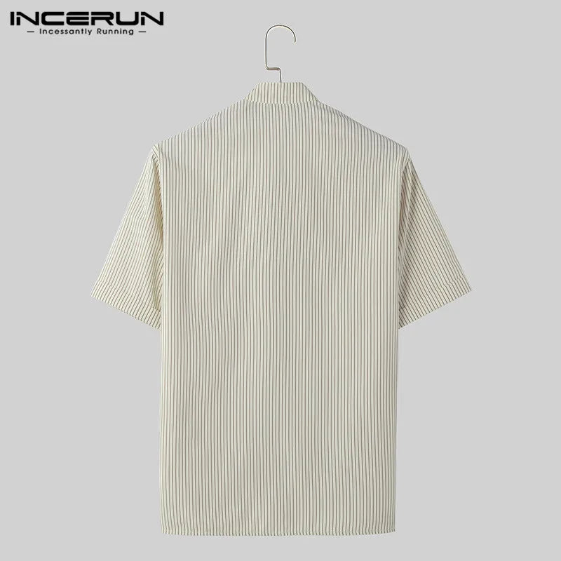 INCERUN Tops 2024 Koreanische Stil Neue Männer Gestreiften Stehkragen Design Shirts Freizeit Streetwear Heißer Verkauf Kurzarm Bluse S-5XL