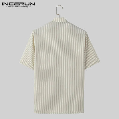 INCERUN Tops 2024 Korean Style New Men's Striped Stand Neck Design Shirts Leisure Streetwear Hot Sale Short Sleeved Blouse S-5XL