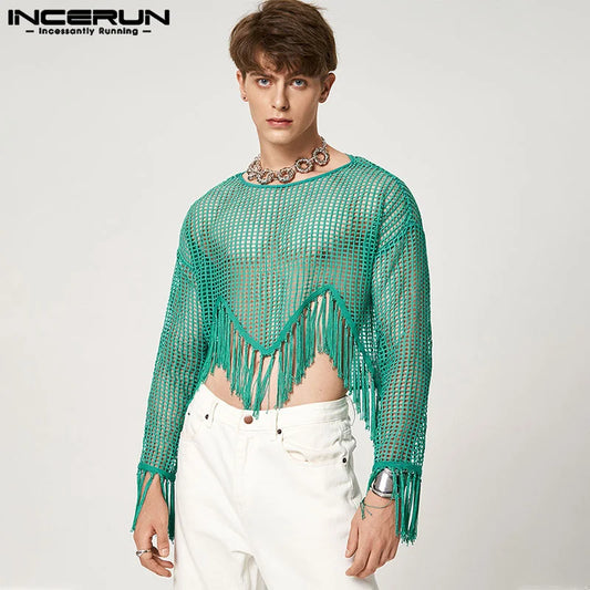 Stylish Well Fitting Tops INCERUN New Men's Knitted Hollow Mesh T-shirts Sexy Breathable Tassel Short Long Sleeve Camiseta S-5XL