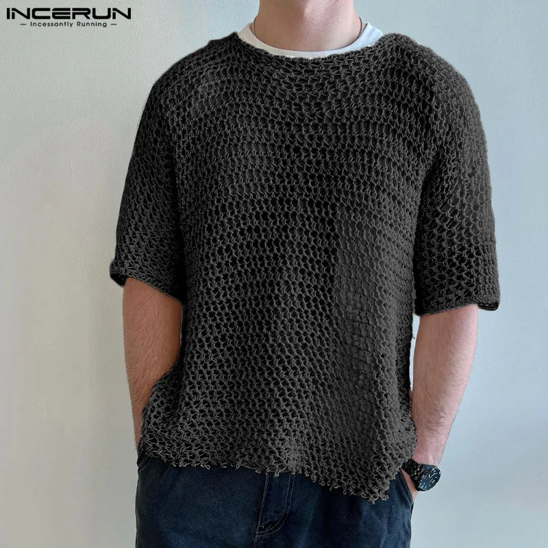 INCERUN Tops 2024 American Style Fashion Men's Mesh Hollowed Design T-shirts Casual Streetwear O-neck Half sleeve Camiseta S-5XL