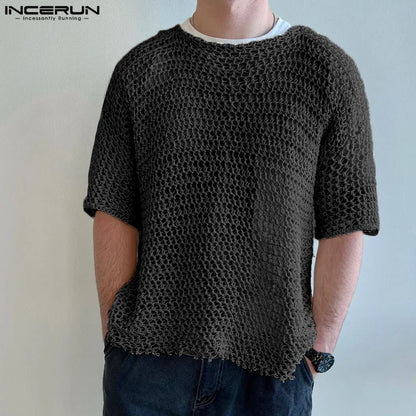 INCERUN Tops 2024 Amerikanischer Stil Mode Herren Mesh Ausgehöhltes Design T-Shirts Casual Streetwear O-Ausschnitt Halbarm Camiseta S-5XL