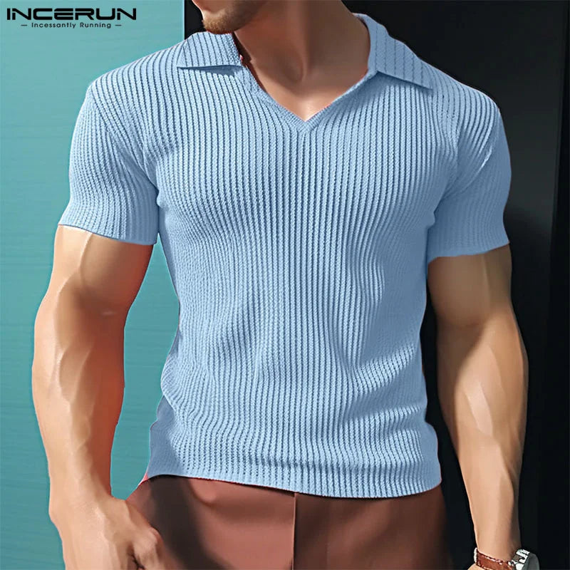 INCERUN Tops 2024 Korean Style New Men Loose Textured Solid Color T-shirts Casual Simple Male Short Sleeved Lapel Camiseta S-5XL