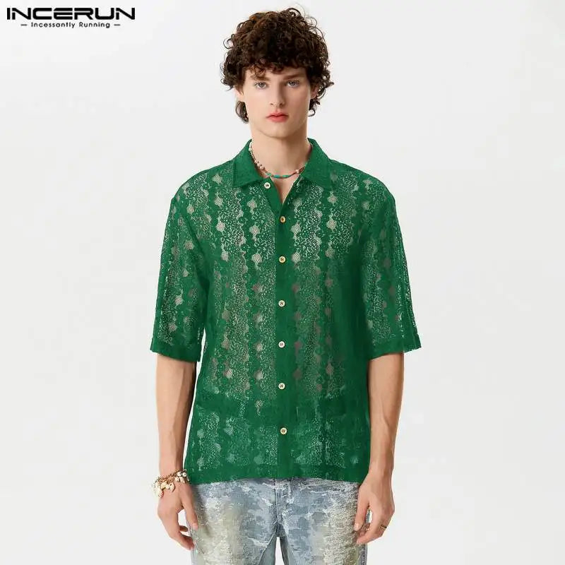 Fashion Well Fitting Tops INCERUN Handsome Men's Perspective Jacquard Shirts Casual Streetwear Lapel Short Sleeved Blouse S-5XL