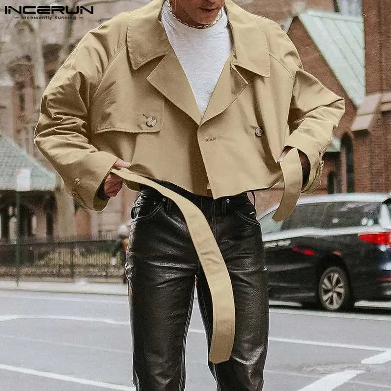 INCERUN 2023 Men Jackets Lapel Long Sleeve Solid Color Male Crop Coats Streetwear Loose Fashion Casual Jackets With Belt S-5XL