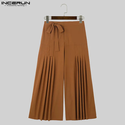 INCERUN 2024 American Style Trousers Stylish Men Pleated Wide Leg Long Pants Male Hot Selling High Waisted Strap Pantalons S-5XL