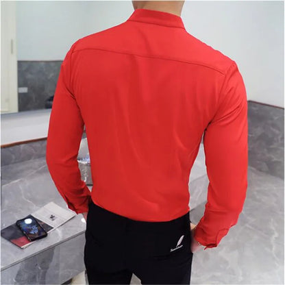 2024 Frühling 3 Farbe Stehkragen Hemd Hohe Qualität Männer Langarm Slim Fit Casual Shirt Schwarz Weiß Rot Business Kleid Shirts