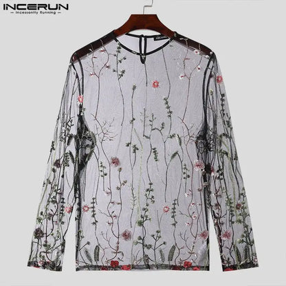 INCERUN Tops 2024 American Style Fashion Men Perspective Mesh Print Pattern T-shirt Sexy Thin O-neck Long Sleeved Camiseta S-5XL