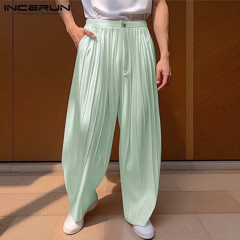 INCERUN 2024 Koreanische Stil Neue Herren Pantalons Plissee Lose Breite Bein Hosen Casual Solide Alle-spiel Bequeme Lange Hosen S-5XL