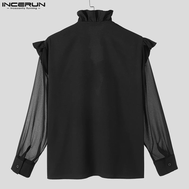 INCERUN Tops 2024 Fashion New Men's Texture Splicing Perspective Mesh Shirt Sexy Male Thin Ruffled Edge Long Sleeve Blouse S-5XL