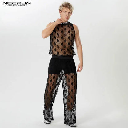 INCERUN 2024 American Style Stylish Sets New Men Love Lace Hollowed Out  Vests Long Pants Sexy Casual Male Two-piece Sets S-5XL