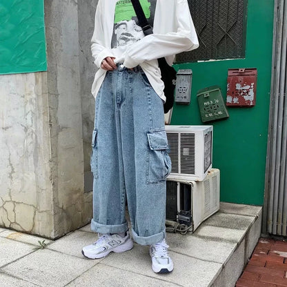 HOUZHOU Baggy Jeans Trousers Male Denim Pants Black Wide Leg Pants Men's Jeans Oversize Cargo Korean Streetwear Hip Hop Harajuku