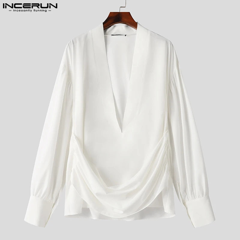 INCERUN Tops 2024 Style américain Hommes Sexy Col en V Dé à Coudre Conception Chemises Décontractées Simple Solide Tout-match Chemisier À Manches Longues S-2XL