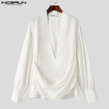 INCERUN Tops 2024 American Style Men's Sexy V-neck Thimble Design Shirts Casual Simple Solid All-match Long Sleeved Blouse S-2XL