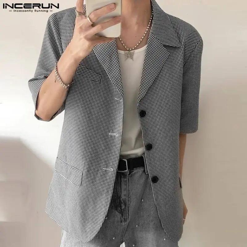 INCERUN Tops 2024 Korean Style New Men's Fashion Plaid Design Suit Coats Casual Streetwear Male Lapel Short Sleeved Blazer S-5XL