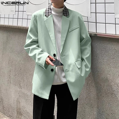 Fashion Casual Style Tops INCERUN Men's Plaid Neck Splicing Suit Coats Streetwear Handsome Male Loose Long Sleeved Blazer S-5XL