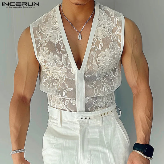 INCERUN Tops 2024 Style américain Nouveaux hommes Col en V Dentelle Impression Perspective Gilets Sexy Mode Homme Mince Sans Manches Débardeurs S-5XL