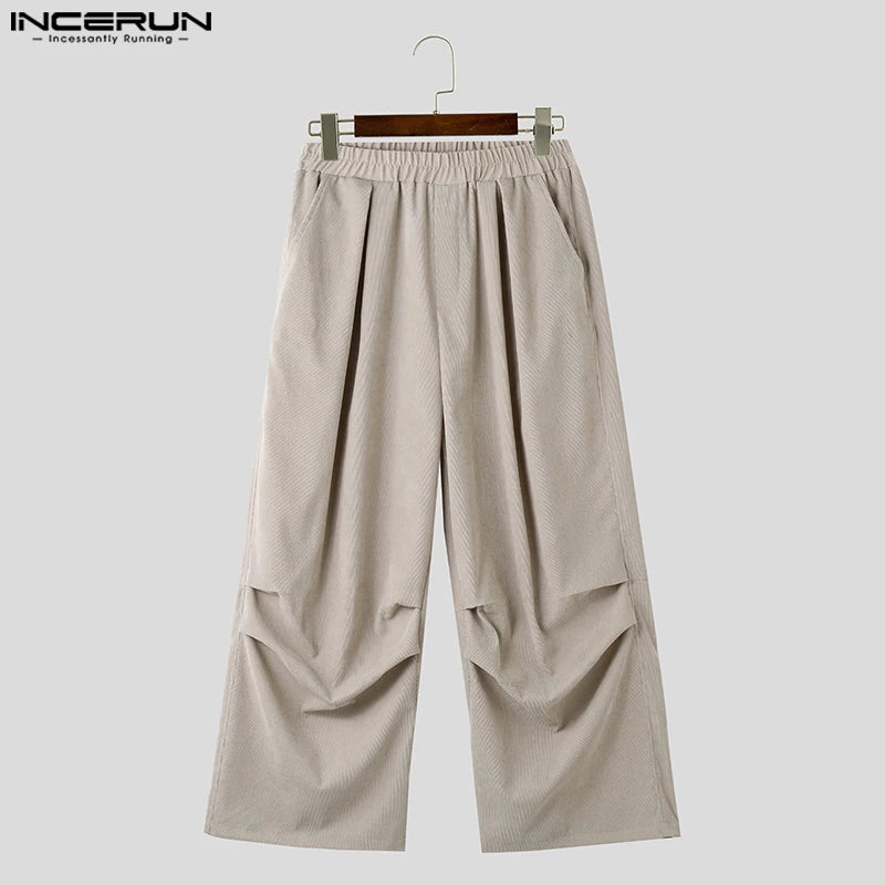 INCERUN 2023 Korean Style New Men's Trousers Corduroy Wide Leg Long Pants Casual Streetwear Male Hot Sale Solid Pantalons S-5XL