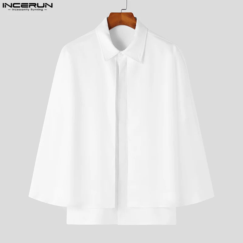 INCERUN Tops 2023 Style américain Nouveau Hommes Mode Solide Cape Faux Deux Conception Chemisier Décontracté Solide À Manches Courtes Chemises S-5XL