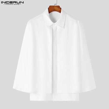 INCERUN Tops 2023 Style américain Nouveau Hommes Mode Solide Cape Faux Deux Conception Chemisier Décontracté Solide À Manches Courtes Chemises S-5XL