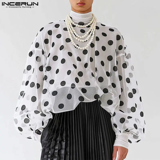 INCERUN Tops 2024 Sexy Men's Polka Dot See-through Mesh T-shirt Sexy Clubwear Half High Collar Bishop Long Sleeve Camiseta S-5XL