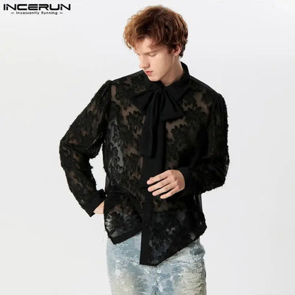 INCERUN Tops 2024 Mode Hommes Ruban Jacquard Plume Chemises Beau Mâle Personnalité Peluche Patchwork Chemisier À Manches Longues S-5XL