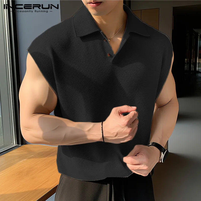 INCERUN Tops 2024 Koreanische Stil Herren Gestrickte Solide Revers Westen Freizeit Streetwear Männlichen Einfache Heißer Verkauf Ärmellose Tank Tops S-5XL