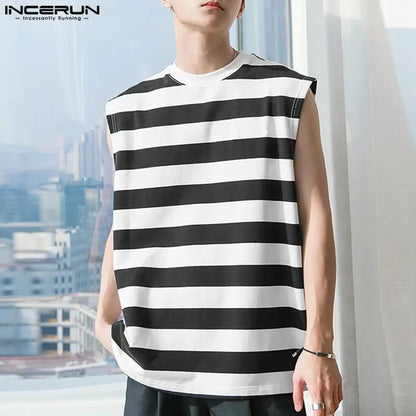 Hübsche Herrenoberteile INCERUN Casual Streetwear Westen Stilvolle männliche Sommer Patchwork gestreifte kontrastierende ärmellose Tanktops S-5XL