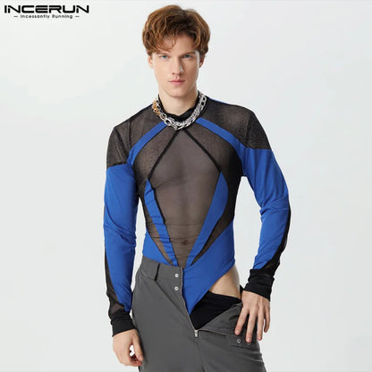 INCERUN 2024 Sexy Style Jumpsuits Neue Herren Stilvolle Mesh Große Diamant Patchwork Strampler Lässig Dünne Langarm Bodys S-3XL