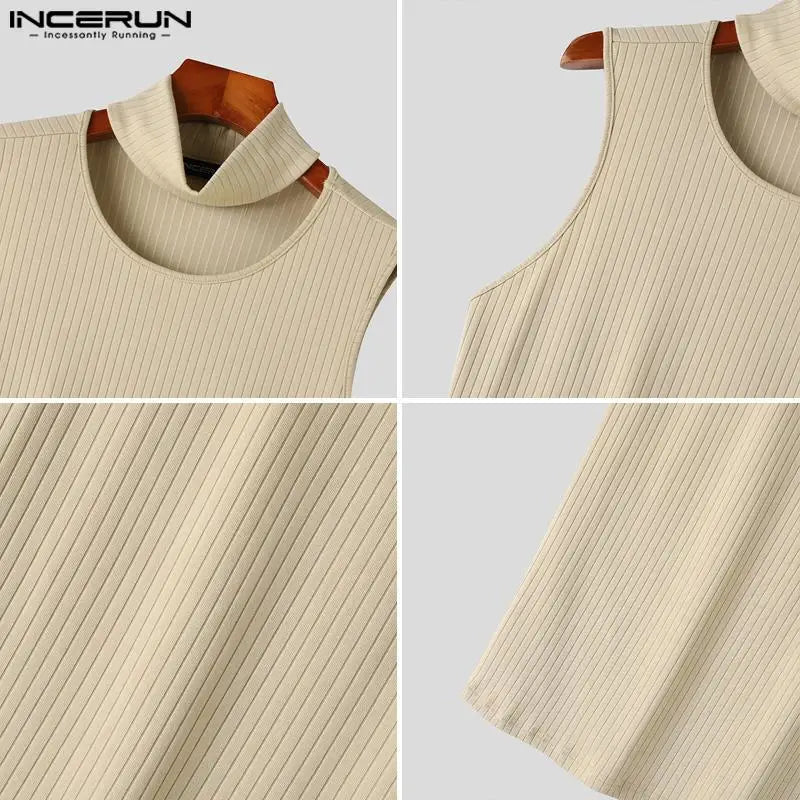 Fashion Casual Style Tops INCERUN New Men Knitted Semi High Neck Vests Summer Male Streetwear Elastic Sleeveless Tank Tops S-5XL