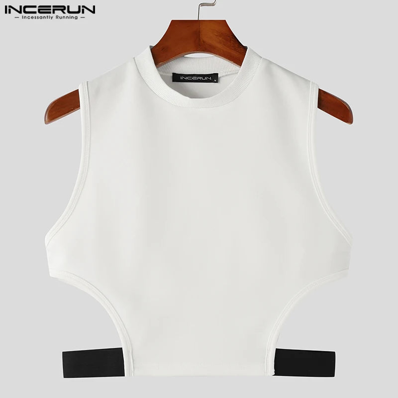 INCERUN 2023 Men Tank Tops Patchwork O-neck Sleeveless Streetwear Sexy Hollow Out Vests Men Fitness Fashion Crop Tops S-5XL