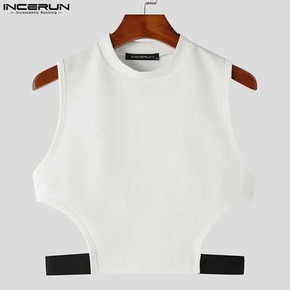 INCERUN 2023 Männer Tank Tops Patchwork Oansatz Ärmelloses Streetwear Sexy Aushöhlen Westen Männer Fitness Mode Crop Tops S-5XL