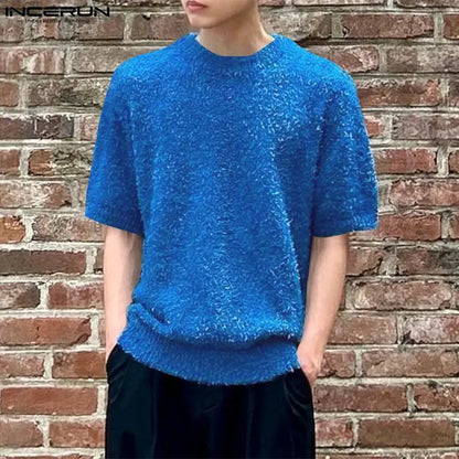 INCERUN Tops 2024 Korean Style Men Solid Texture Design T-shirts Casual Streetwear Male Hot Selling Short Sleeved Camiseta S-5XL