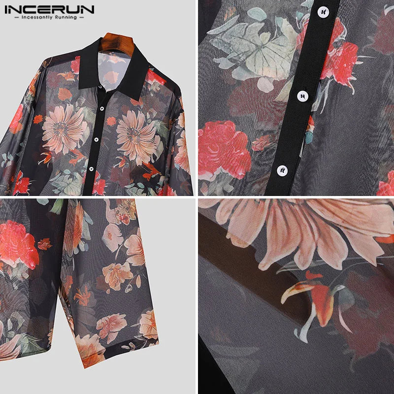 INCERUN Tops 2024 American Style Sexy Fashion Men's Flower Printed Shirt Casual Clubwear Hot Sale Thin Long Sleeved Blouse S-5XL