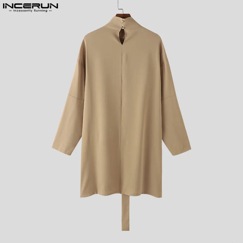 INCERUN 2024 Men Cloak Coats Solid Color Turtleneck Long Sleeve Casual Trench Loose Open Stitch Streetwear Fashion Male Ponchos