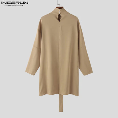 INCERUN 2024 Hommes Manteaux Manteaux Couleur Unie Col Roulé À Manches Longues Décontracté Trench Lâche Point Ouvert Streetwear Mode Hommes Ponchos