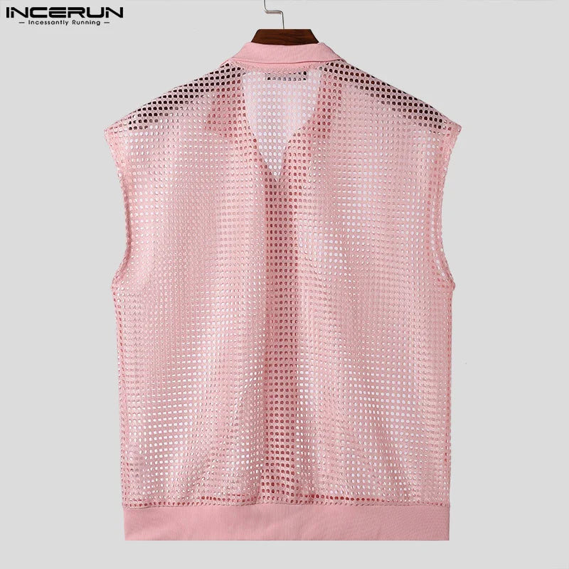 2024 herren Hemd Aushöhlen Transparent Mesh Feste Revers Ärmelloses Sommer Männer Kleidung Streetwear Casual Westen Shirts INCERUN