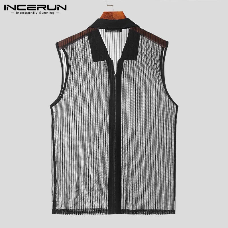 INCERUN Tops 2024 Style américain Hommes Sexy Creux Transparent Fermeture Éclair Conception Gilets Loisirs Mince Revers Sans Manches Débardeurs S-5XL