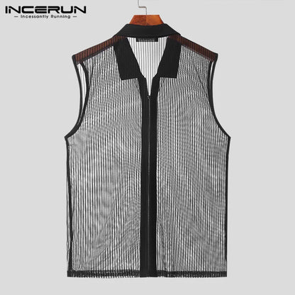 INCERUN Tops 2024 American Style Mens Sexy Hollow See-through Zipper Design Vests Leisure Thin Lapel Sleeveless Tank Tops S-5XL