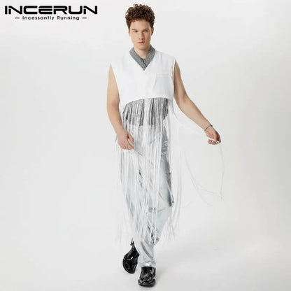 Fashion Casual Style Tops INCERUN 2024 Handsome Mens Solid Patchwork Long Tassel Vests Sexy Male Thin Sleeveless Tank Tops S-5XL