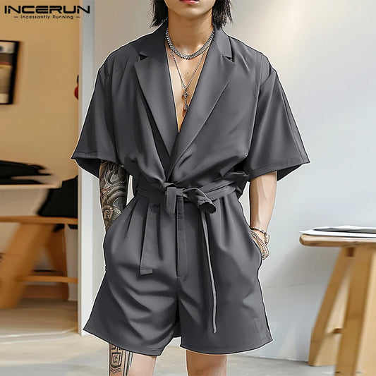 INCERUN 2024 Korean Style Jumpsuits Handsome Men's Suit Collar Design Rompers Casual Street Solid Short Sleeved Jumpsuits S-5XL