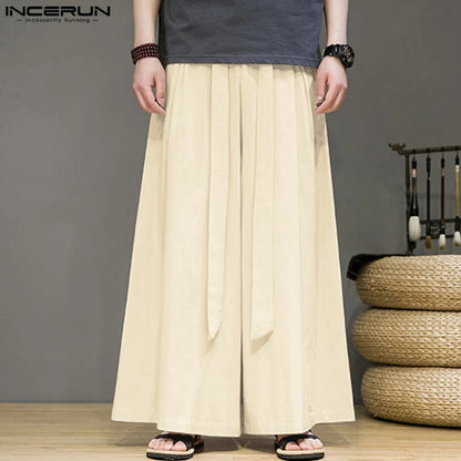 INCERUN 2023 Chinese Style Men's Long Pants Cotton Linen Straight Tube Trousers Solid Loose Size Wide Leg Casual Pantalons S-5XL