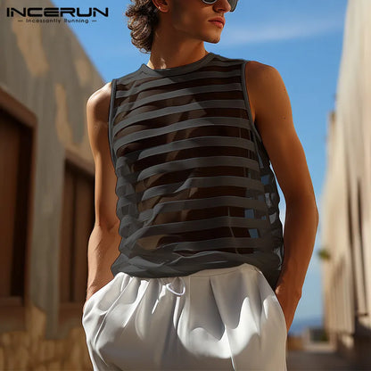 INCERUN Tops 2024 American Style Sexy New Men Horizontal Striped Mesh Perspective Vests Fashion Party Sleeveless Tank Tops S-2XL