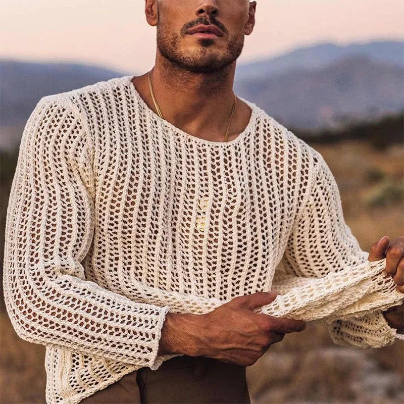 HOUZHOU Knit Mesh Top Men Transparent Sexy See Through Men Long Sleeve Tee Streetwear Men's Clothing Fishnet Muscle Undershirts