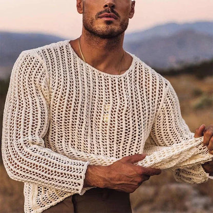 HOUZHOU Knit Mesh Top Men Transparent Sexy See Through Men Long Sleeve Tee Streetwear Men's Clothing Fishnet Muscle Undershirts