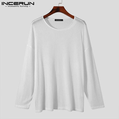 INCERUN Tops 2024 Handsome Men Hollowed Knitted Design T-shirt Casual Stylish Well Fitting Male Thin Long Sleeved Camiseta S-5XL