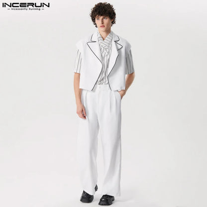 INCERUN Men Sets Solid Color Streetwear Lapel Sleeveless Vests & Straight Pants Two Pieces Sets 2024 Fashion Men's Casual Suits